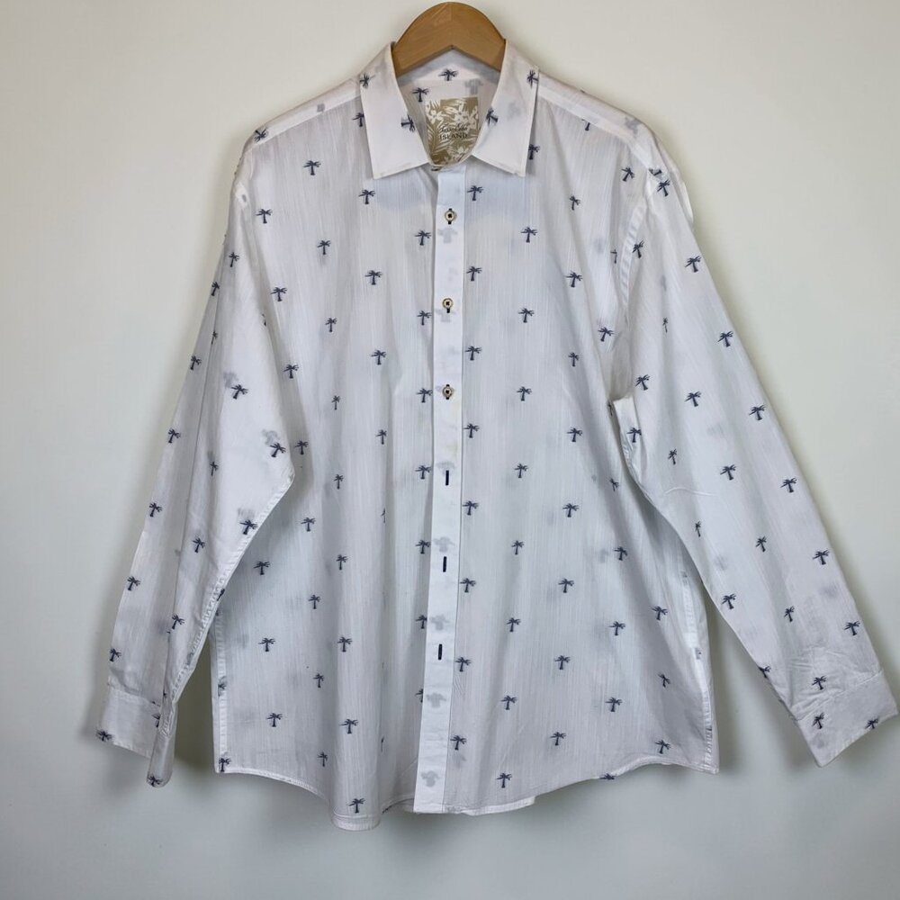 Tasso Elba Island Palm Tree Button Up Shirt Men XL White Cotton Tropical